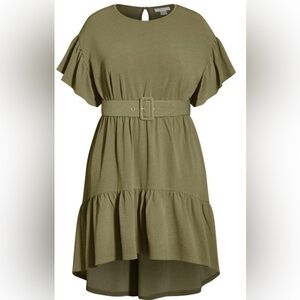 REFINITY NWT Ruffle SLV Round Neck Hi-Lo Olive Tier Belted "Swish" Dress 22 (XL)